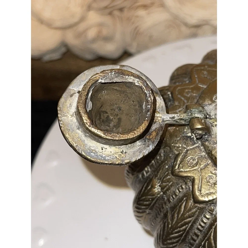 Antique Indian Cast Bronze Mughal Footed Ink Well w/ Peacock Lid‎ & Fluted Sides